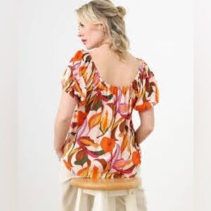 Off shoulder groovy hippy botanical floral boho blouse w retro YTK vibe